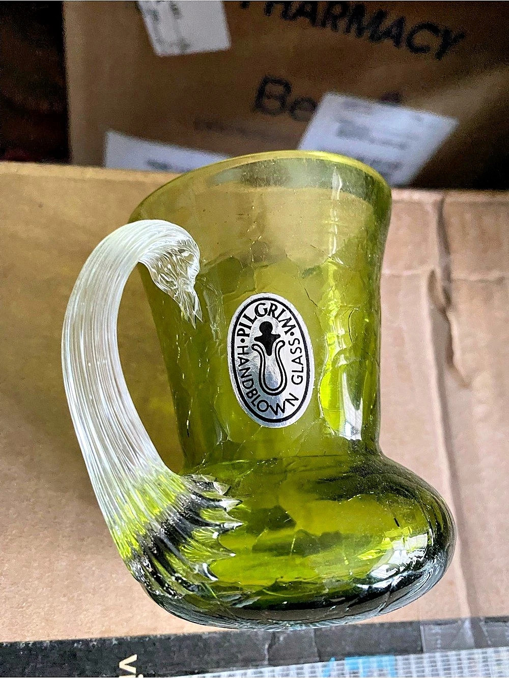 Pilgrim Glass Vintage Crackle Glass Miniature Pitcher Avocado Green